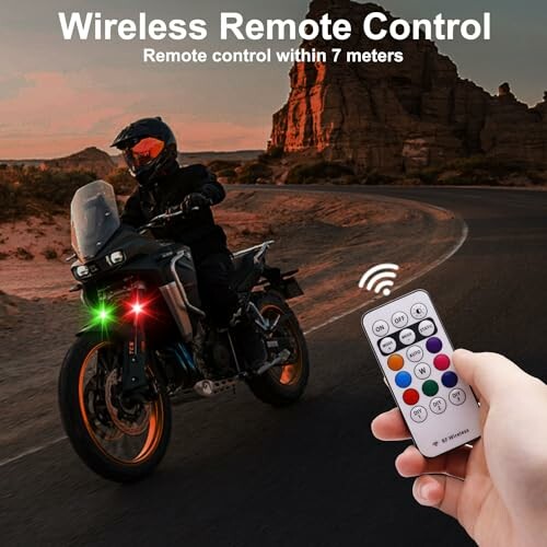 Motorcyclist on road using wireless remote control.