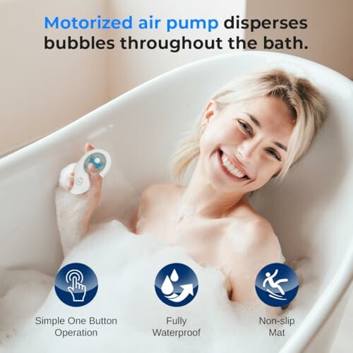 Woman in bathtub using motorized air pump with bubbles.