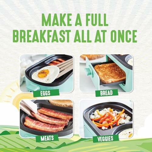Collage showing a breakfast maker cooking eggs, bread, meats, and veggies.