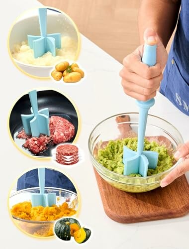 Person using a multi-functional masher in a bowl with images of mashing potatoes, meat, and squash.
