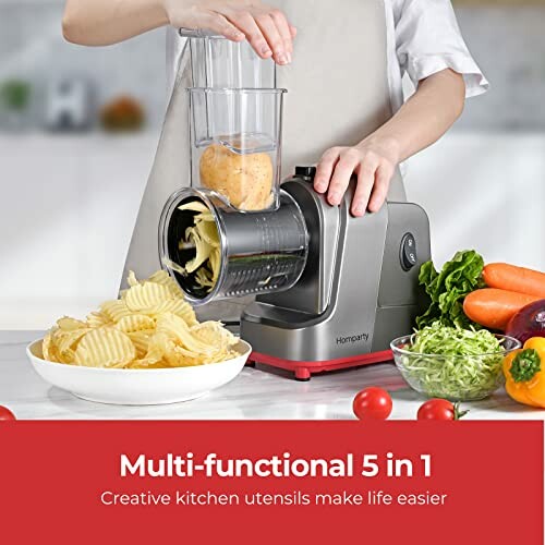 Person using a multi-functional kitchen slicer with vegetables.