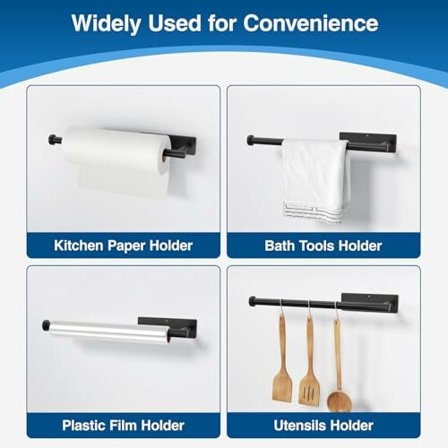Multi-purpose holders for kitchen paper, bath tools, plastic film, and utensils.