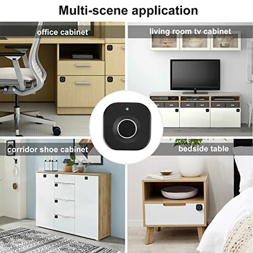 Multi-scene cabinet applications with smart lock for office, living room, corridor, and bedside.