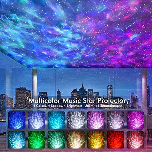 Multicolor music star projector with city skyline background