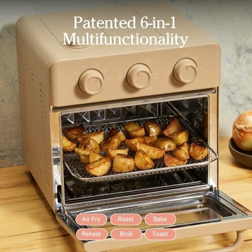 6-in-1 multifunctional air fryer oven with roasted potatoes.