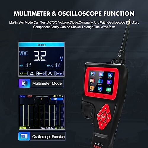 Device showing multimeter and oscilloscope functions with digital display.