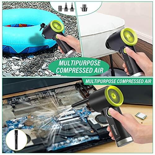 Multipurpose compressed air duster used for inflating a pool float and cleaning a computer motherboard.