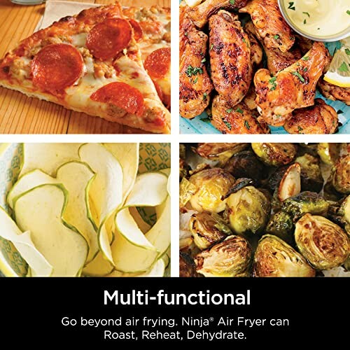 Four food items: pepperoni pizza, chicken wings, sliced zucchini, roasted Brussels sprouts.