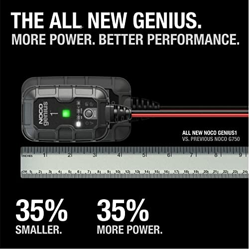 Noco Genius1 battery charger showing size comparison and power upgrade.