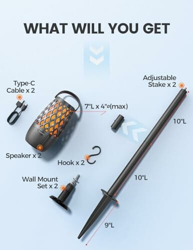 Contents of outdoor speaker kit including speaker, cables, hooks, and stakes.