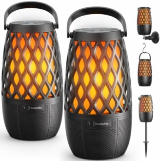 Outdoor speaker lanterns with LED flame effect and mounting options.
