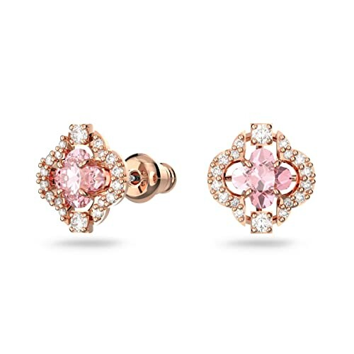 Pink floral earrings with gemstones and rose gold setting.