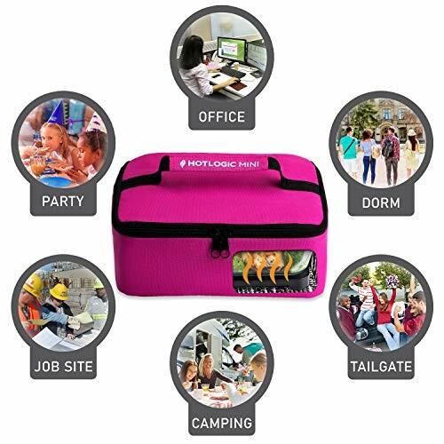Pink portable food warmer with usage scenarios: office, party, dorm, job site, camping, tailgate.