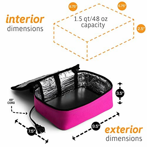 Pink portable food warmer with dimensions and cord.