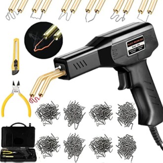 Plastic welding kit with gun, staples, pliers, and case.