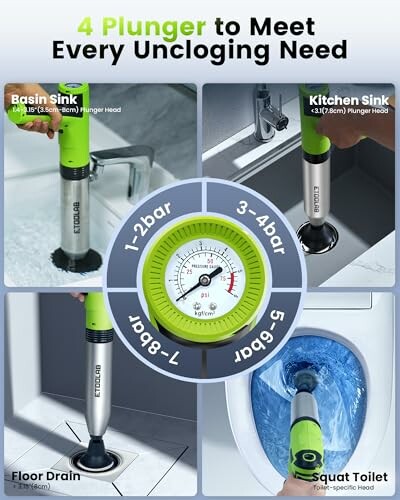Different plungers for various unclogging needs including basin sink, kitchen sink, floor drain, and squat toilet.