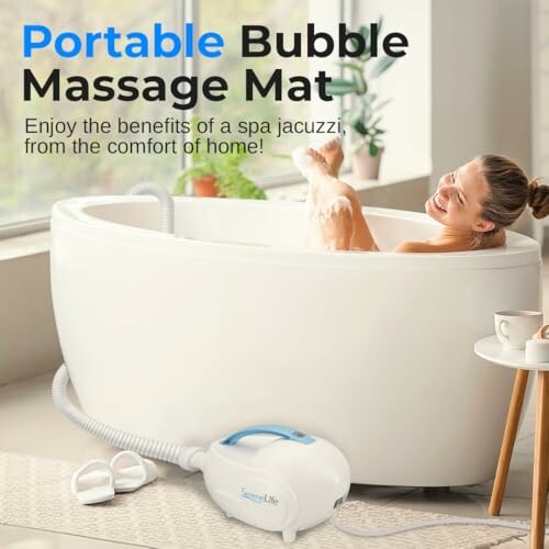 Woman enjoying a bubble massage mat in a bathtub at home.