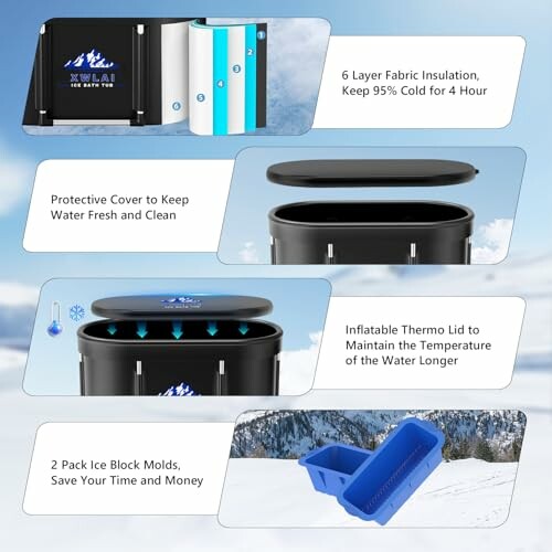 Image showing features of a portable cooler with layers, protective cover, inflatable thermo lid, and ice block molds.