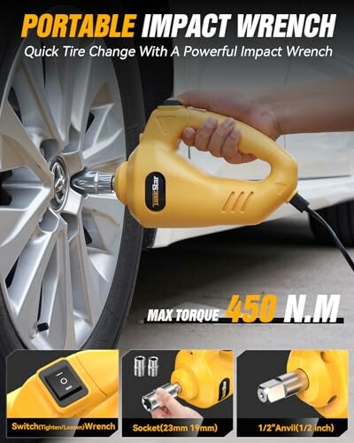 Person using a portable impact wrench on a car wheel.