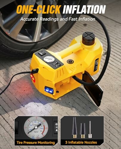 Portable tire inflator with pressure gauge and nozzles.