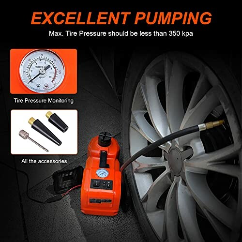Tire inflator with pressure gauge connected to car tire.