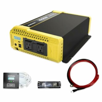 Power inverter kit with cables and display panel.