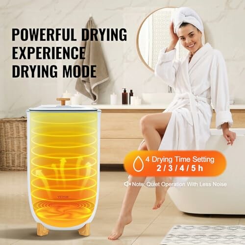 Woman in robe using a modern drying appliance with various drying time settings.