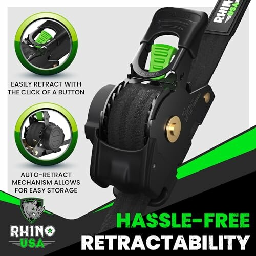 Hassle-free retractable tie-down strap with easy auto-retract mechanism.