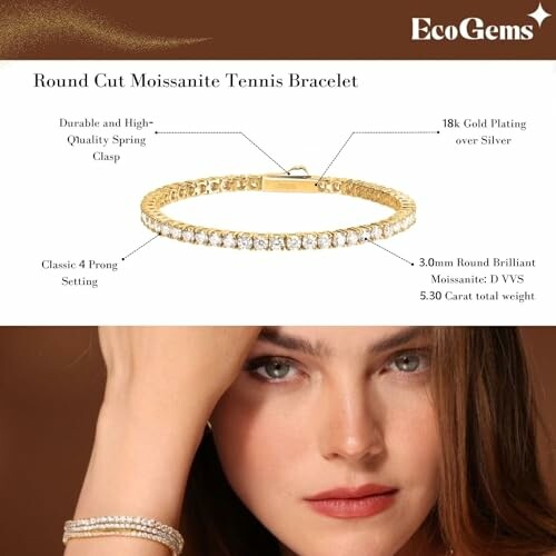 EcoGems round cut moissanite tennis bracelet with gold plating.