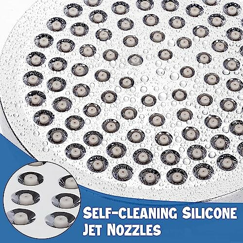 Close-up of self-cleaning silicone jet nozzles on a showerhead.