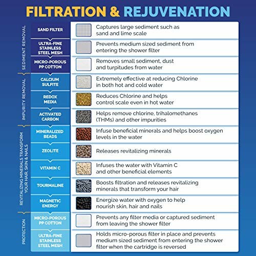 Chart detailing components of a shower filter and their functions.