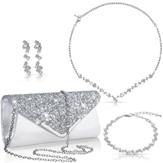 Silver jewelry set with necklace, bracelet, earrings, and clutch bag.