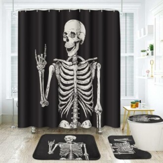Skeleton-themed bathroom decor with shower curtain and mats.
