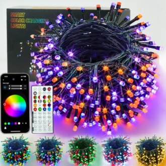 Smart color-changing LED string lights with remote and app control.