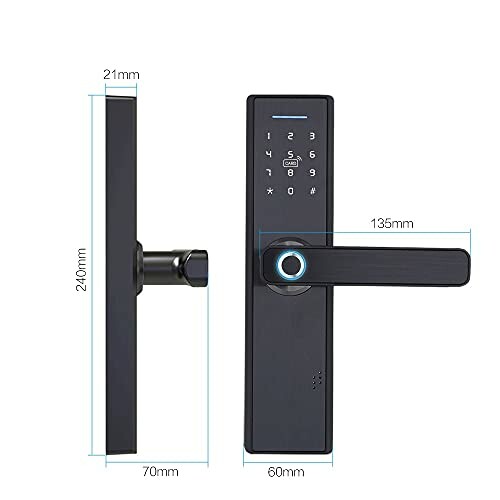 Smart door lock with dimensions labeled.