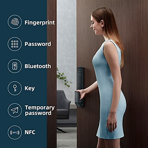 Woman using smart door lock with multiple access options including fingerprint, password, Bluetooth, key, temporary password, and NFC.