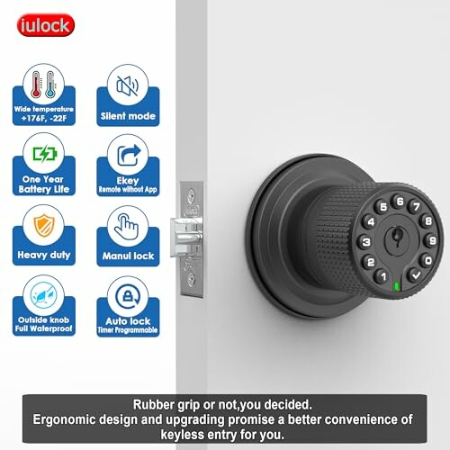 Smart door lock with keypad and feature icons on the side.