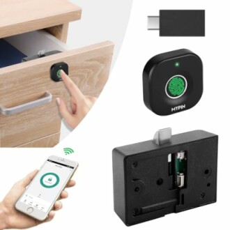 Biometric smart lock for drawer with fingerprint sensor and mobile app integration.