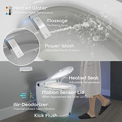 Smart toilet features with heated water, massage spray, power wash, heated seat, motion sensor lid, air deodorizer, and kick flush.