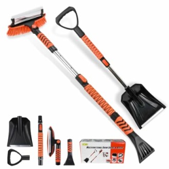 Multifunctional snow shovel and brush set with orange and black handles.