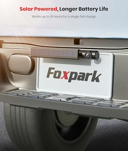 Solar powered car backup camera with license plate and longer battery life.