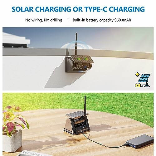Device with solar and Type-C charging options, showcasing outdoor use.