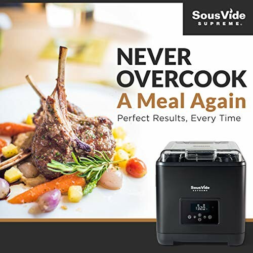 SousVide Supreme advertisement with cooked dish and appliance.