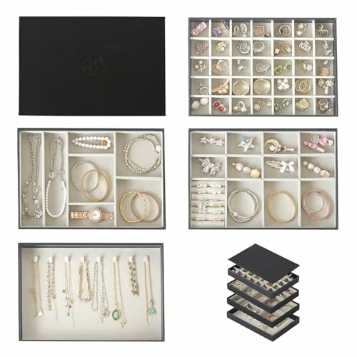 Stackable jewelry box with compartments for rings, bracelets, necklaces, and earrings.