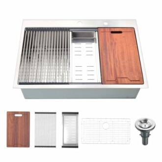 Stainless steel kitchen sink with accessories, including cutting board and drain.