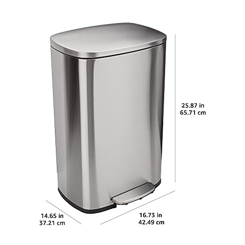 Stainless steel kitchen trash can with foot pedal and dimensions.