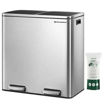 Stainless steel dual-compartment recycling bin with pedal and compostable bags.