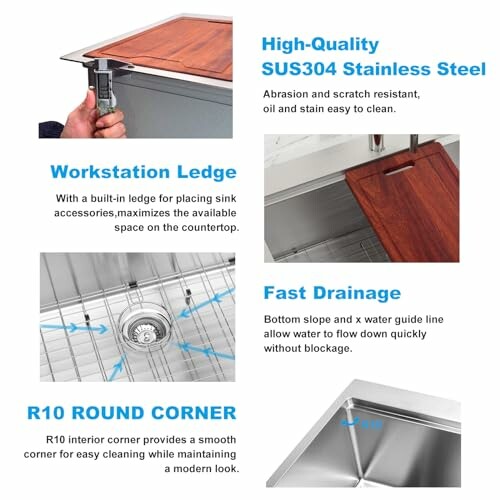 Features of a stainless steel sink including workstation ledge, fast drainage, and round corners.