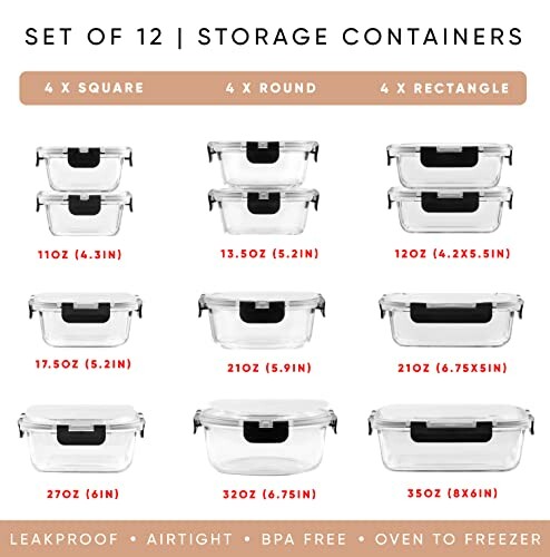 Set of 12 storage containers in various shapes and sizes.