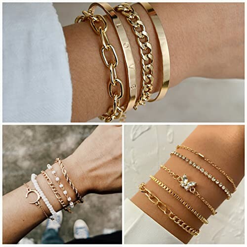 Three images of gold bracelet stacks on wrists, featuring various chain designs and embellishments.
